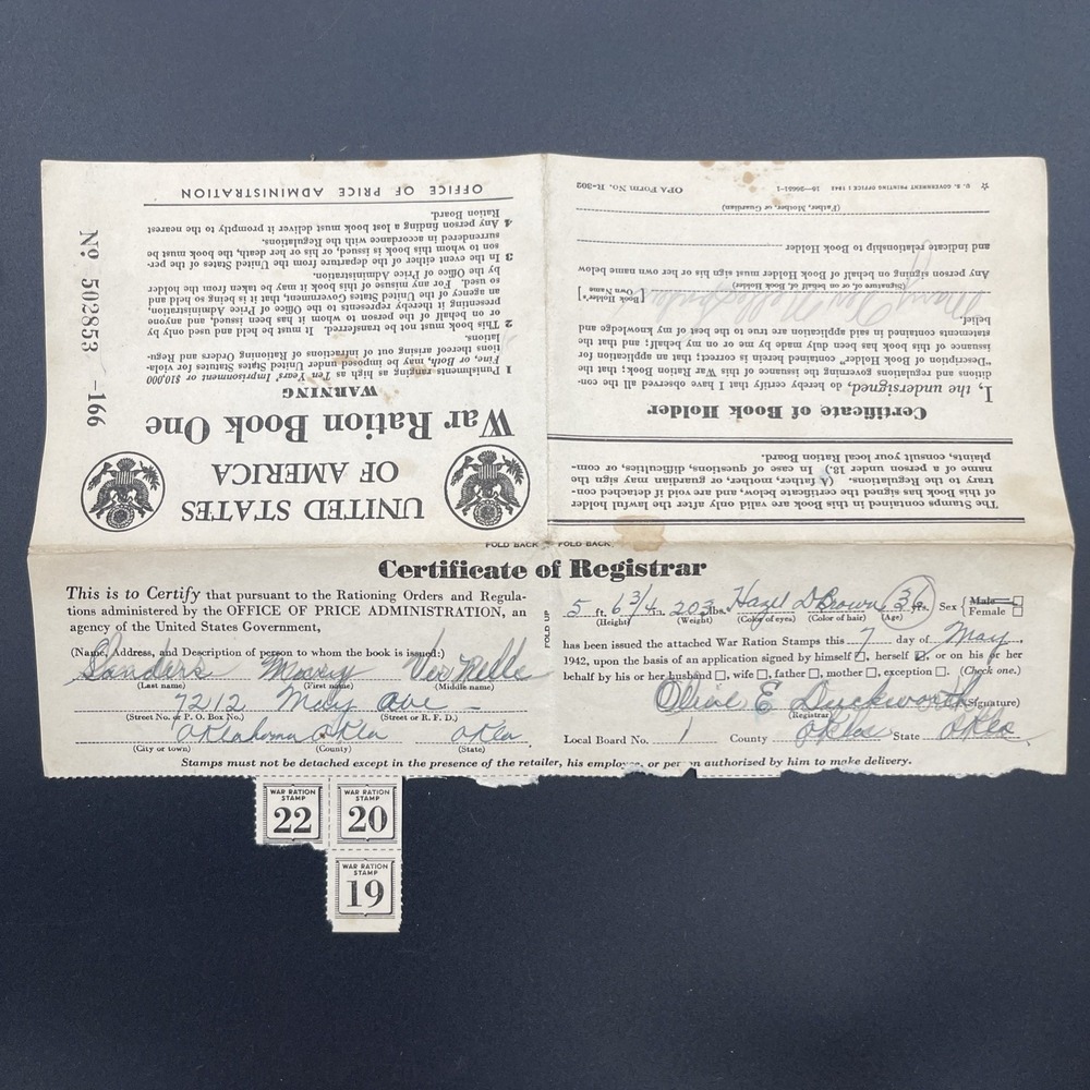 WWII War Ration Book 1 Partial Stamps Oklahoma OK OPA Book One 1066